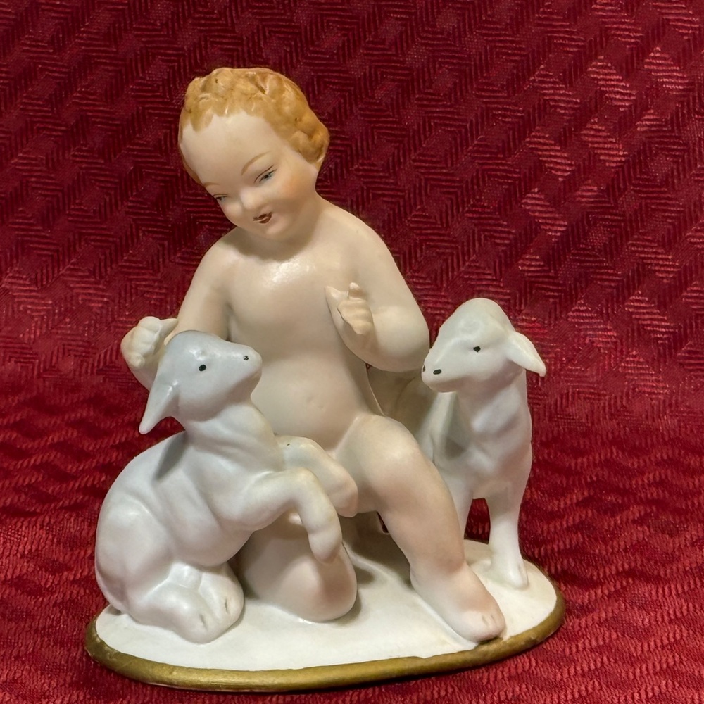 Vintage Porcelain Bisque Cherub Putti with a Pair of Lambs Marked Germany